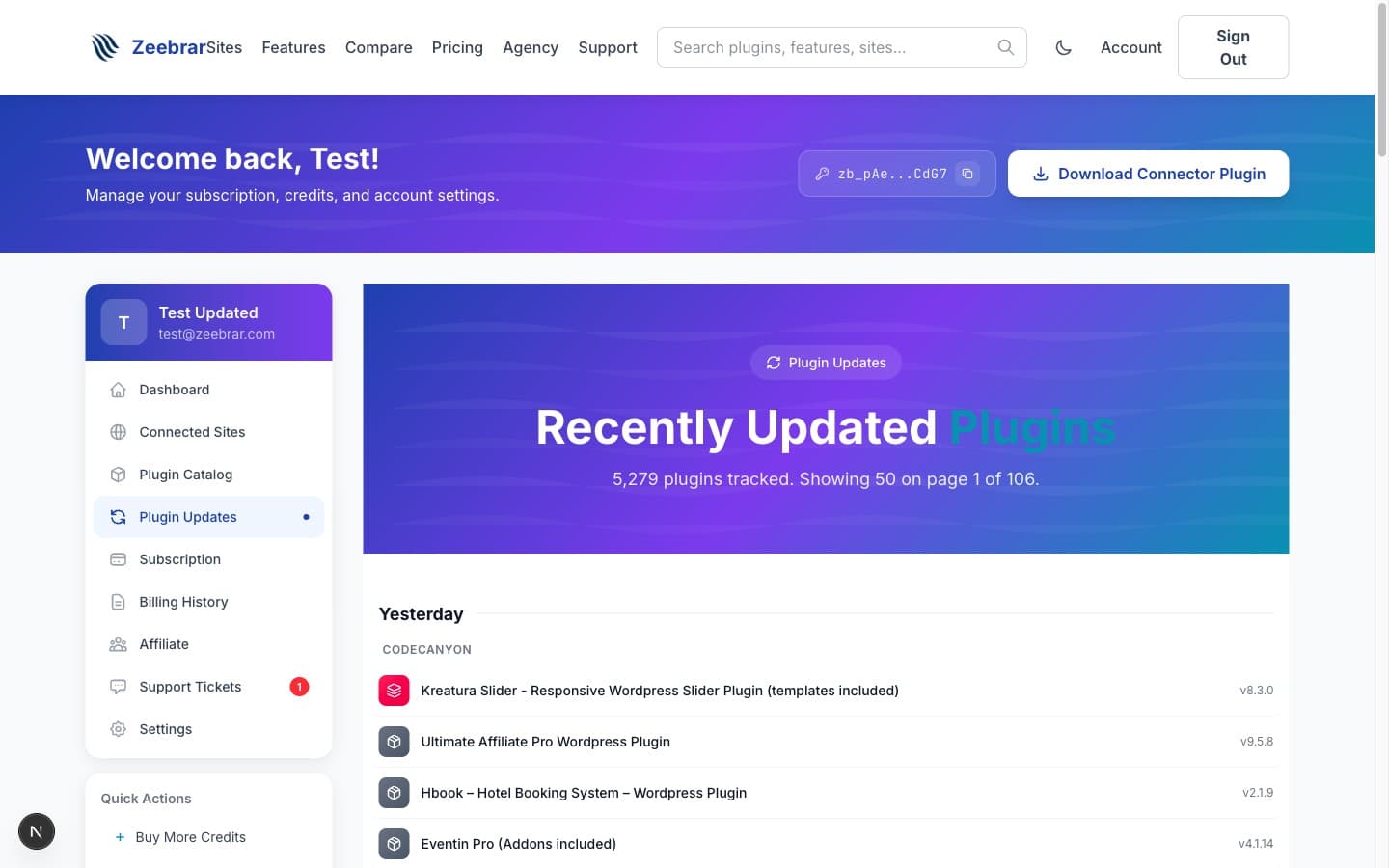 Zeebrar Plugin Updates feed grouping fresh plugin releases by day and brand with version numbers