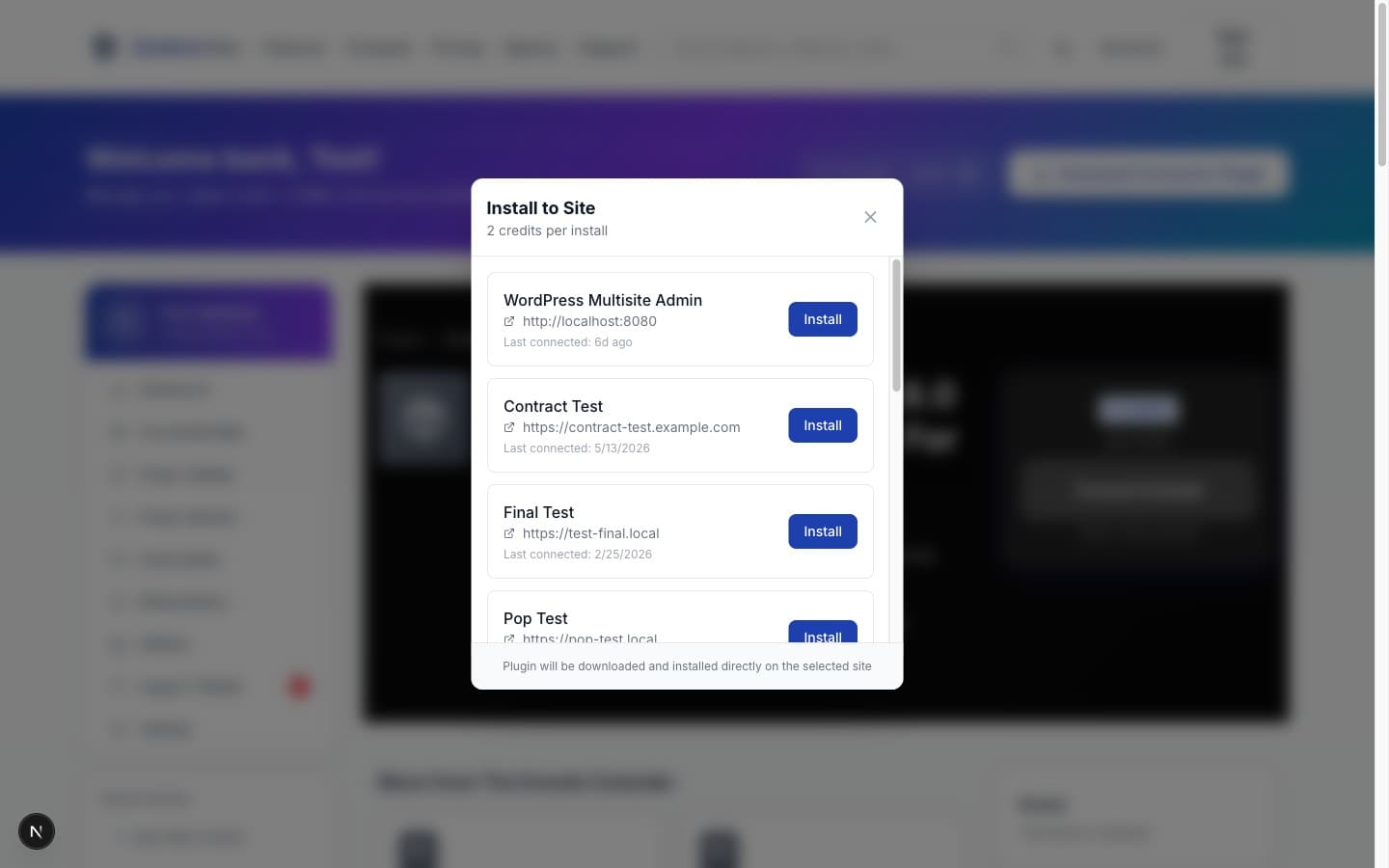 Zeebrar dashboard Install to Site dialog listing connected WordPress sites with one-click Install buttons