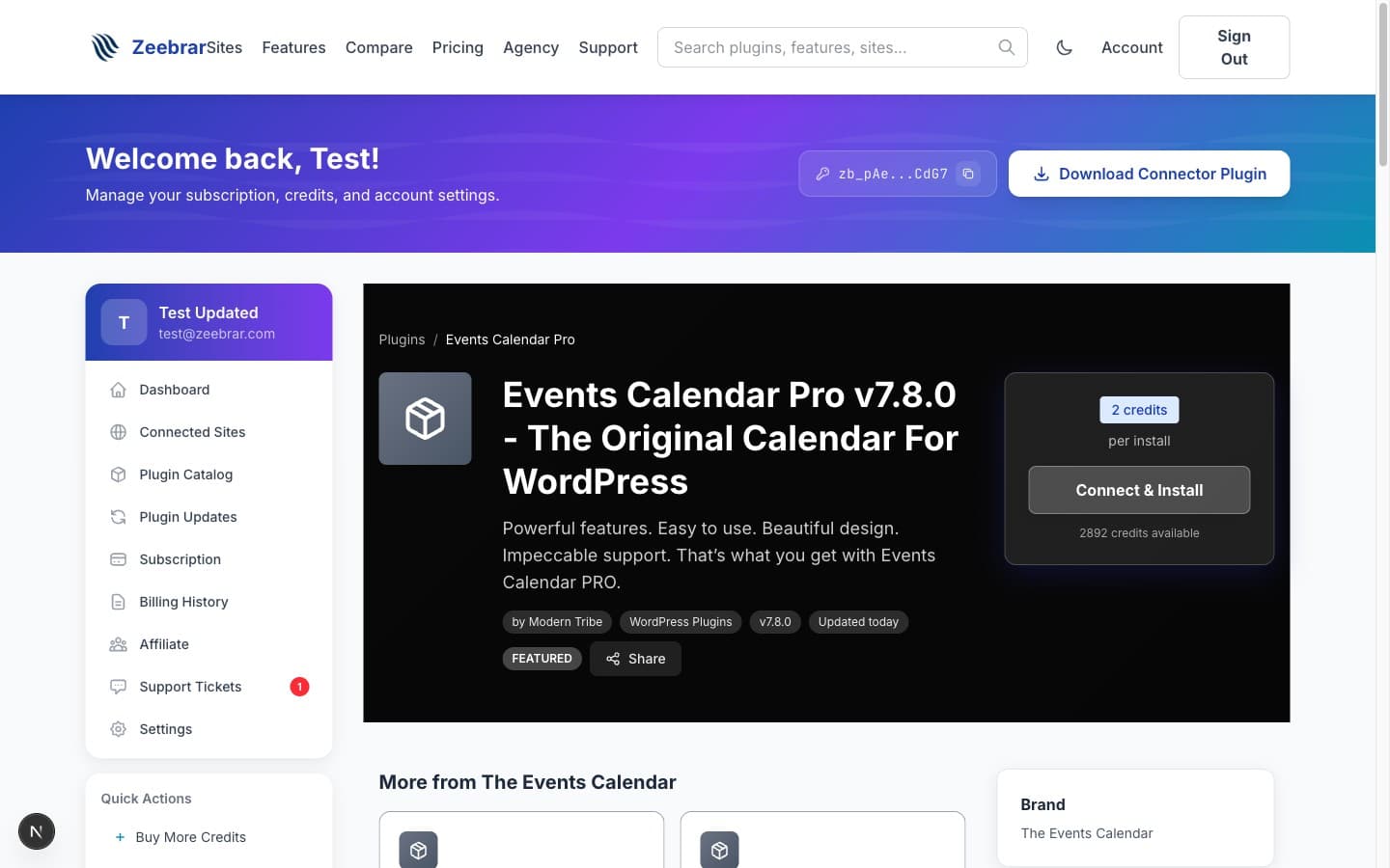 Zeebrar plugin page with Connect and Install button, credit cost, compatibility card, and version history